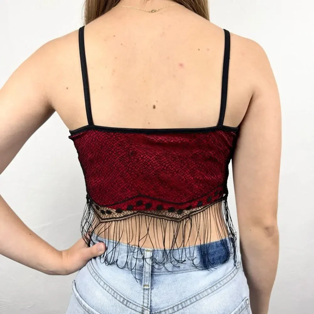 Vintage Y2K 90s Formula X Lace Mesh Fringe Whimsigoth Going Out Top Cropped Sz S - Picture 4 of 13